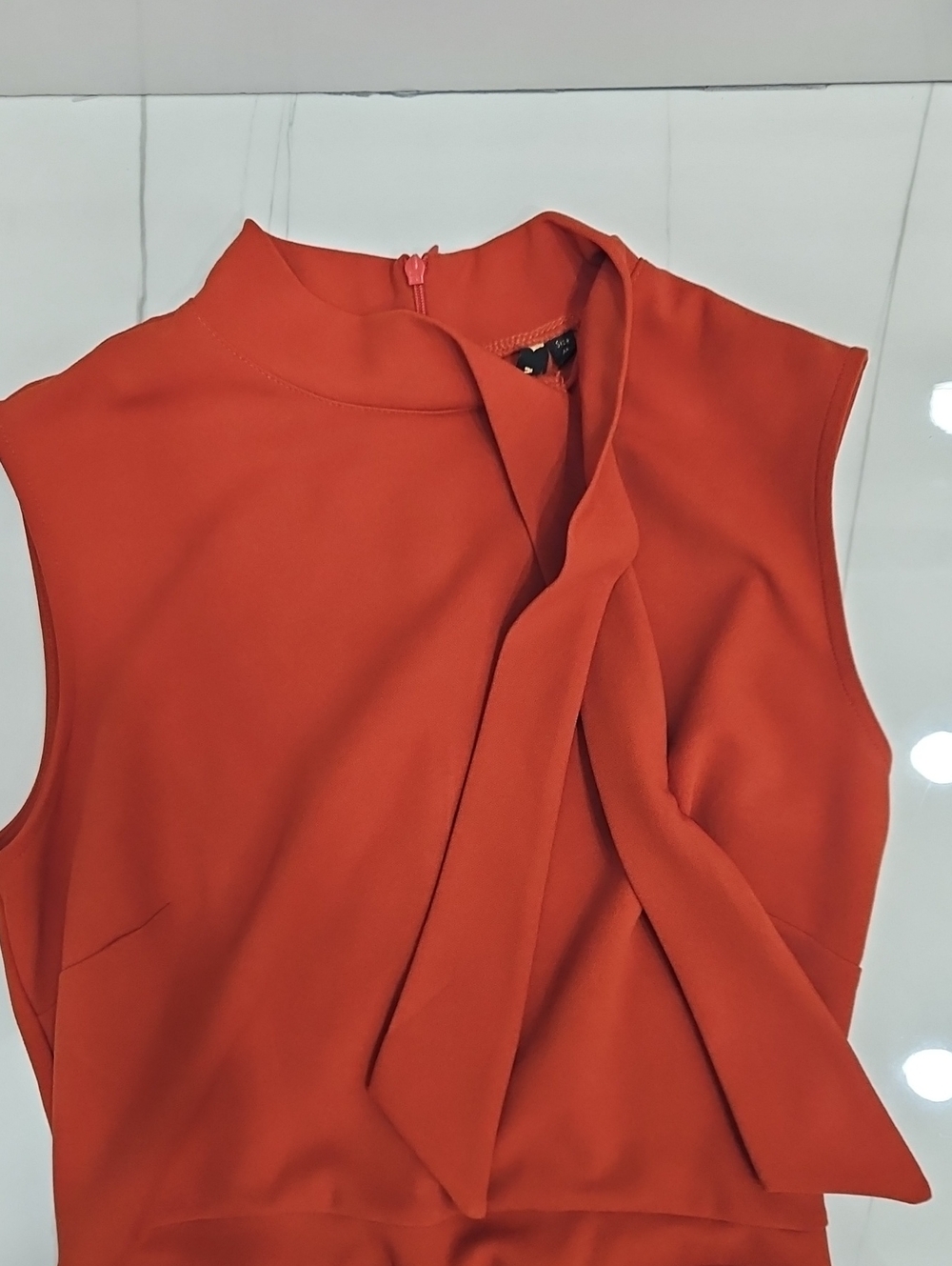 Miusol Sleeveless Tie-Neck Cocktail Pencil Dress in Rust Orange. - Picture 5 of 8
